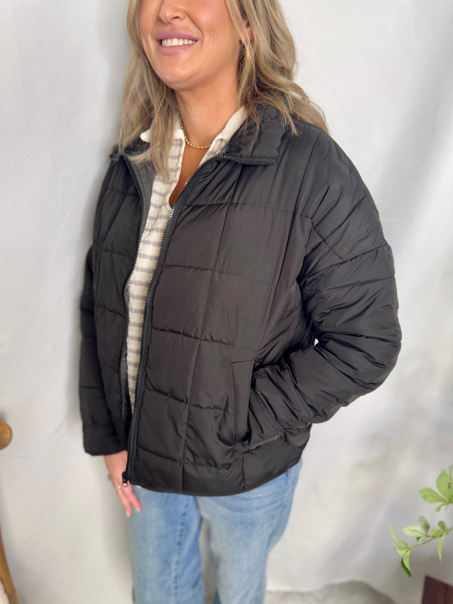 Solid Puffer Padded Warm Jacket High Neck Zip Up Side Pockets