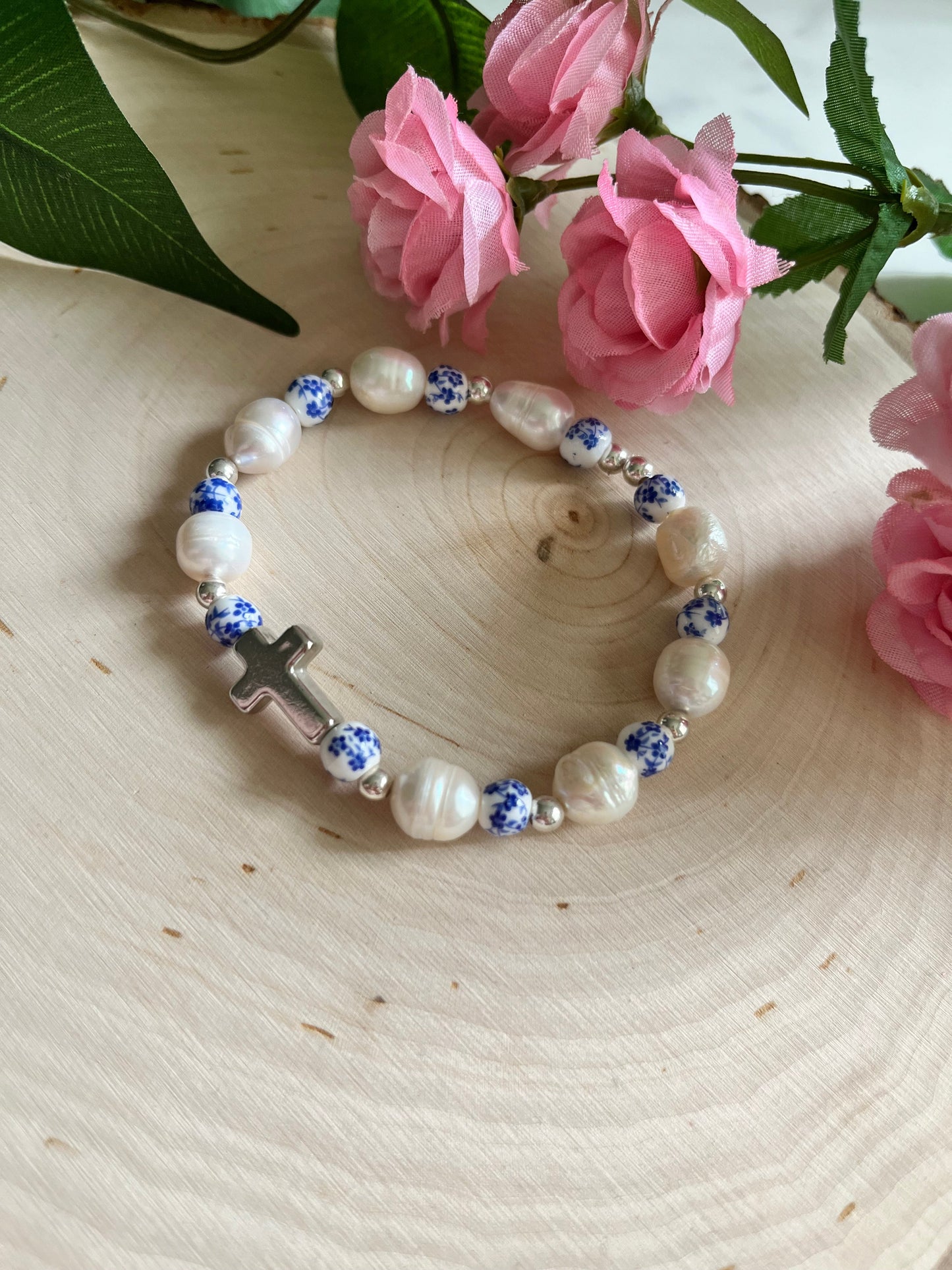 Floral Pearl Cross Bracelet Christian Jewelry for Women Saved By Christ Design