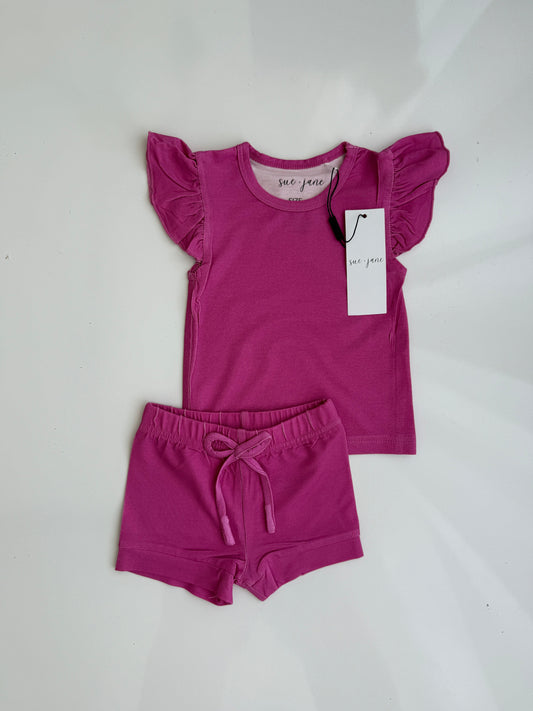 Magenta Bamboo Ruffle Shorts Set