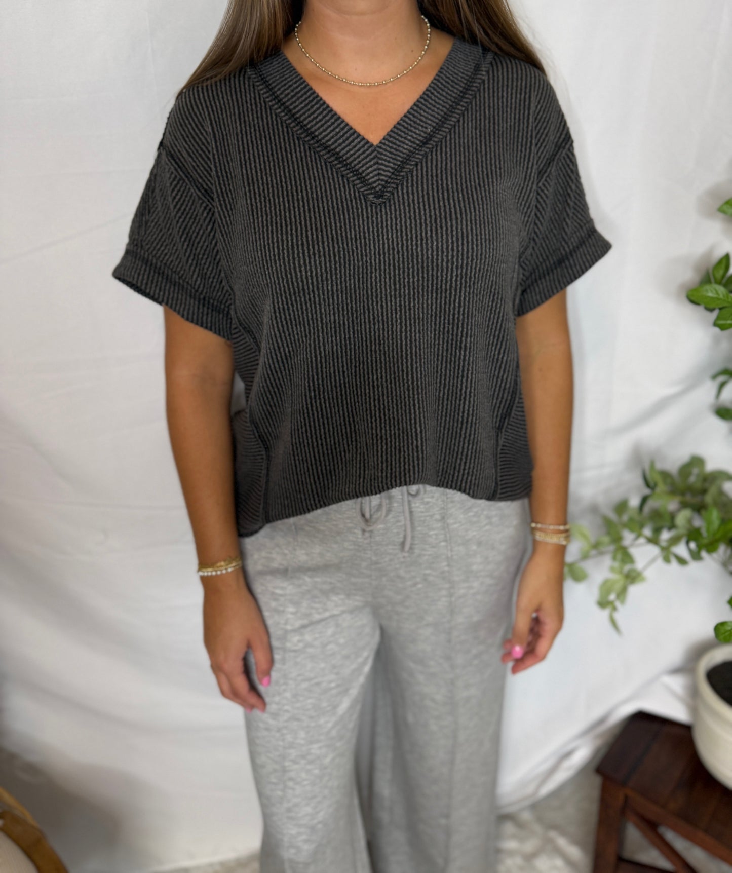 Two Tone Ribbed Knit Top Casual Comfy Short Sleeve