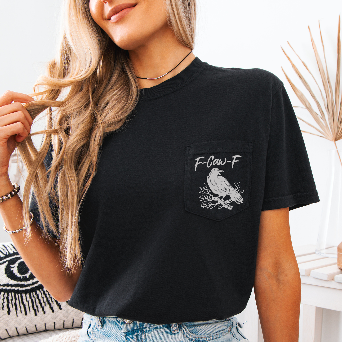 F Caw F Comfort Colors Pocket T-Shirt Funny Halloween Goth Raven Crow