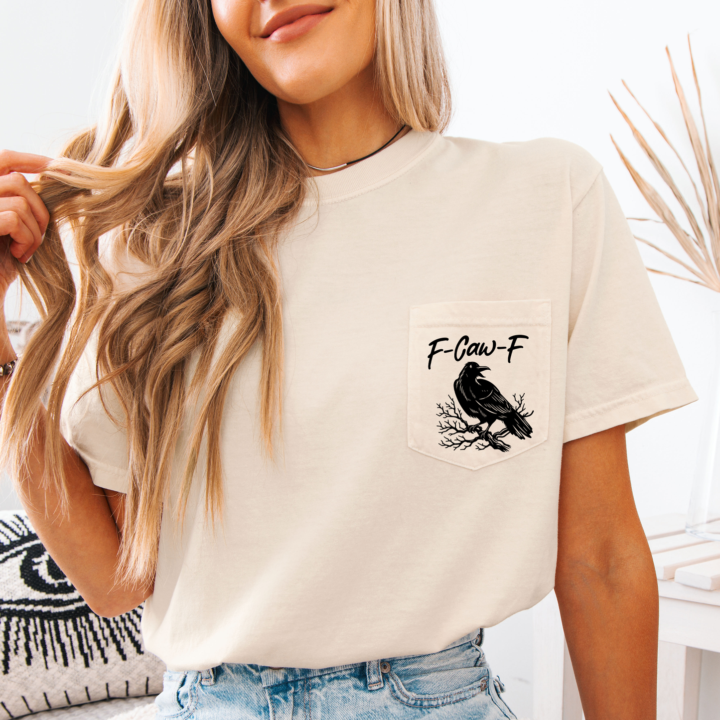 F Caw F Comfort Colors Pocket T-Shirt Funny Halloween Goth Raven Crow