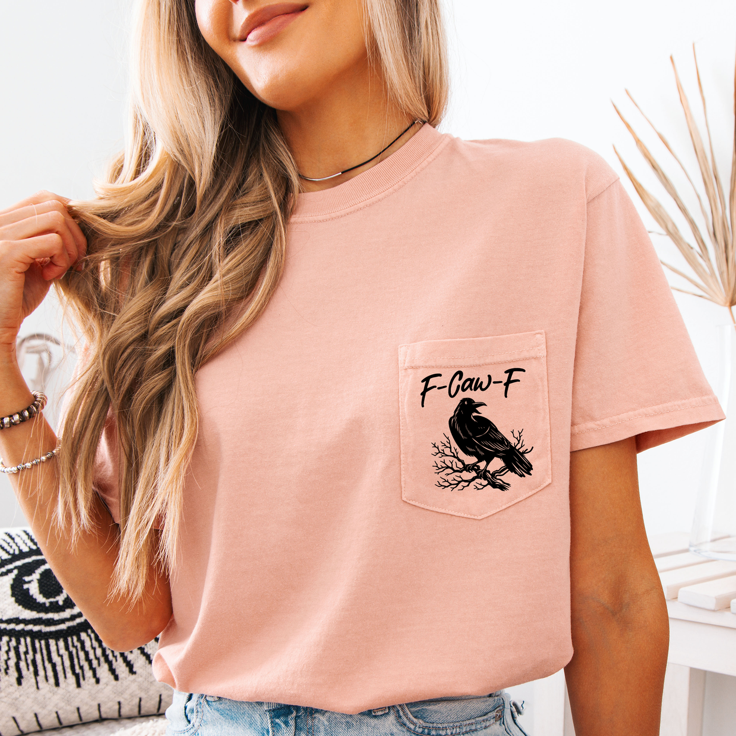 F Caw F Comfort Colors Pocket T-Shirt Funny Halloween Goth Raven Crow