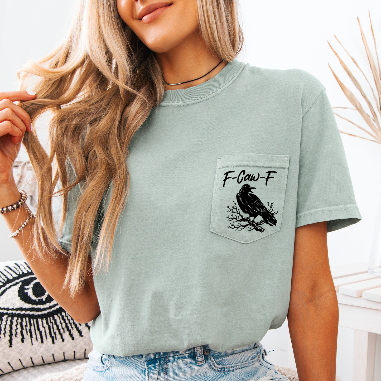 F Caw F Comfort Colors Pocket T-Shirt Funny Halloween Goth Raven Crow