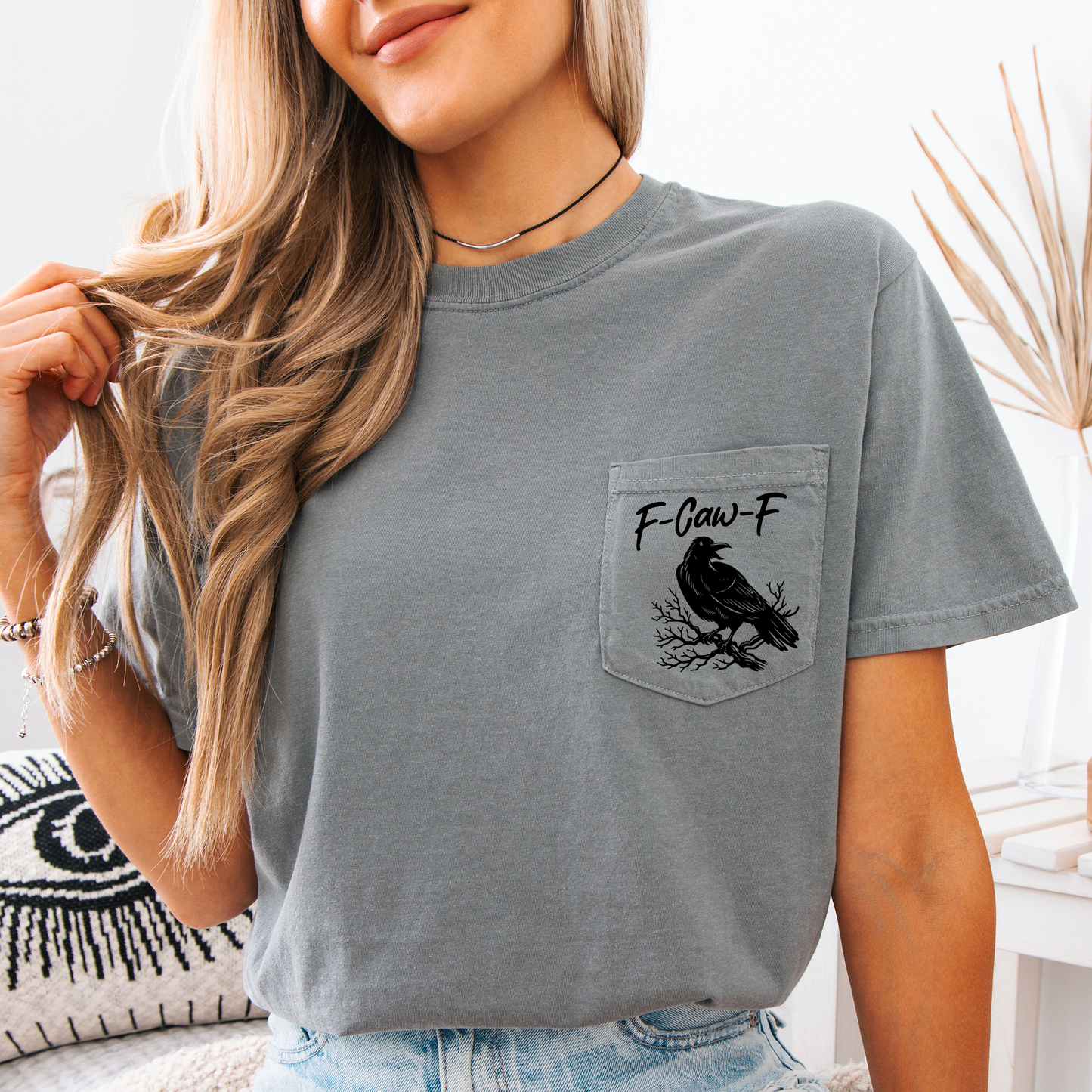 F Caw F Comfort Colors Pocket T-Shirt Funny Halloween Goth Raven Crow