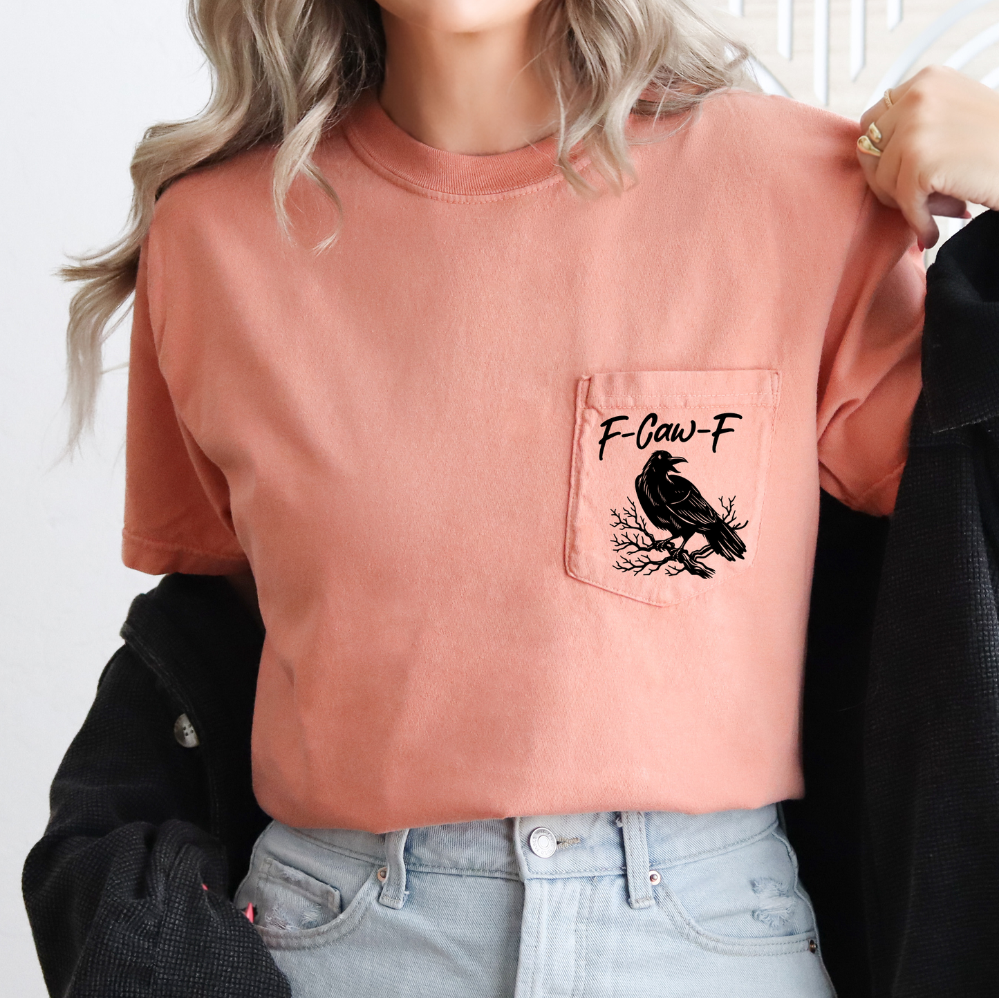 F Caw F Comfort Colors Pocket T-Shirt Funny Halloween Goth Raven Crow