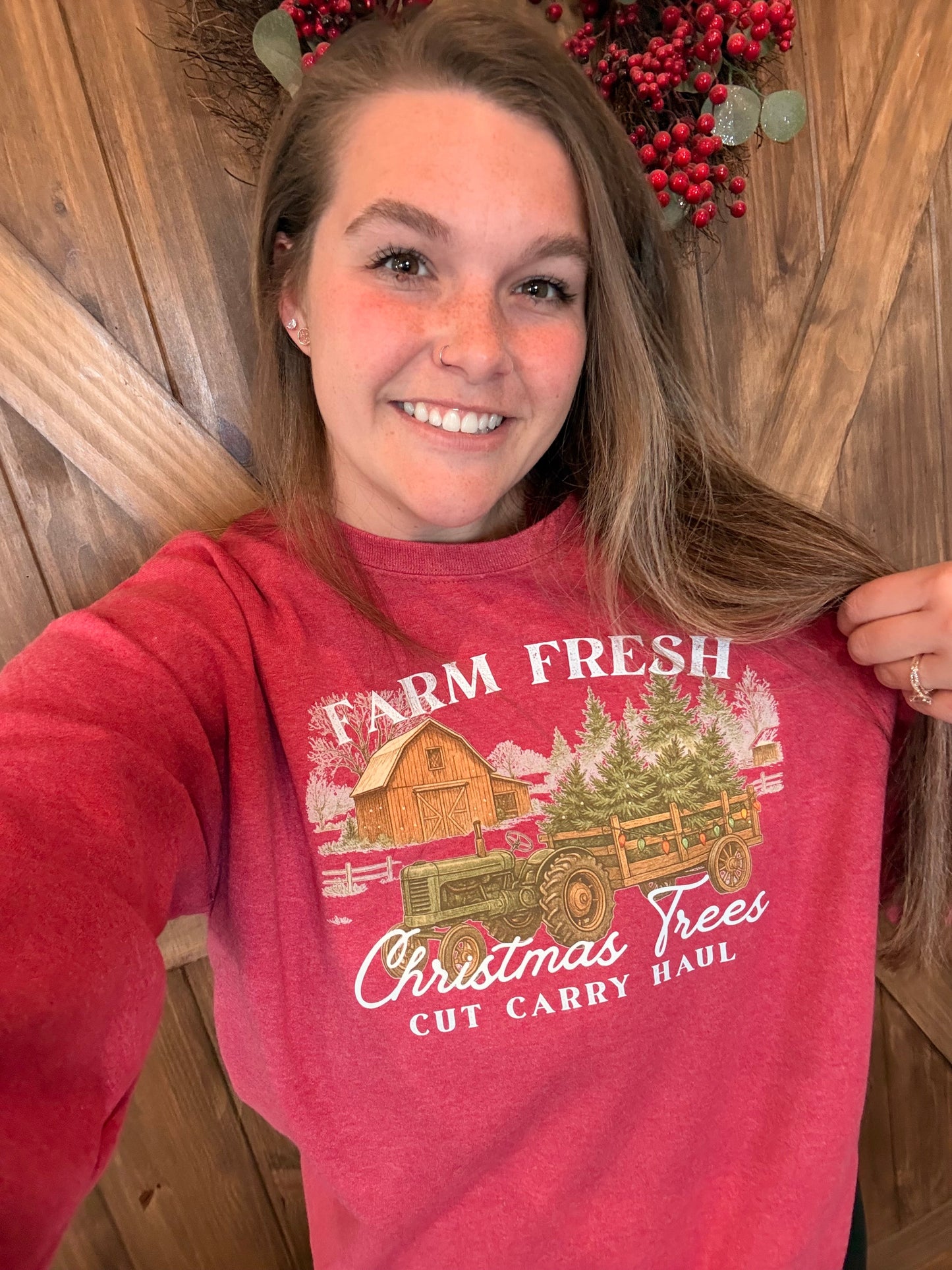 Farm Fresh Christmas Trees Cozy Crewneck Sweatshirt Vintage Barn Tractor