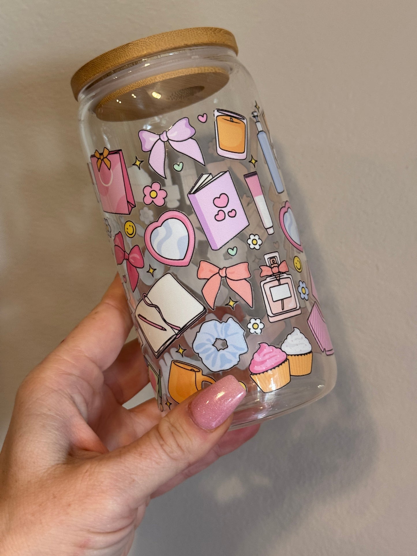 Self Care Girly 16oz Glass Cup Sawdust and Cedar
