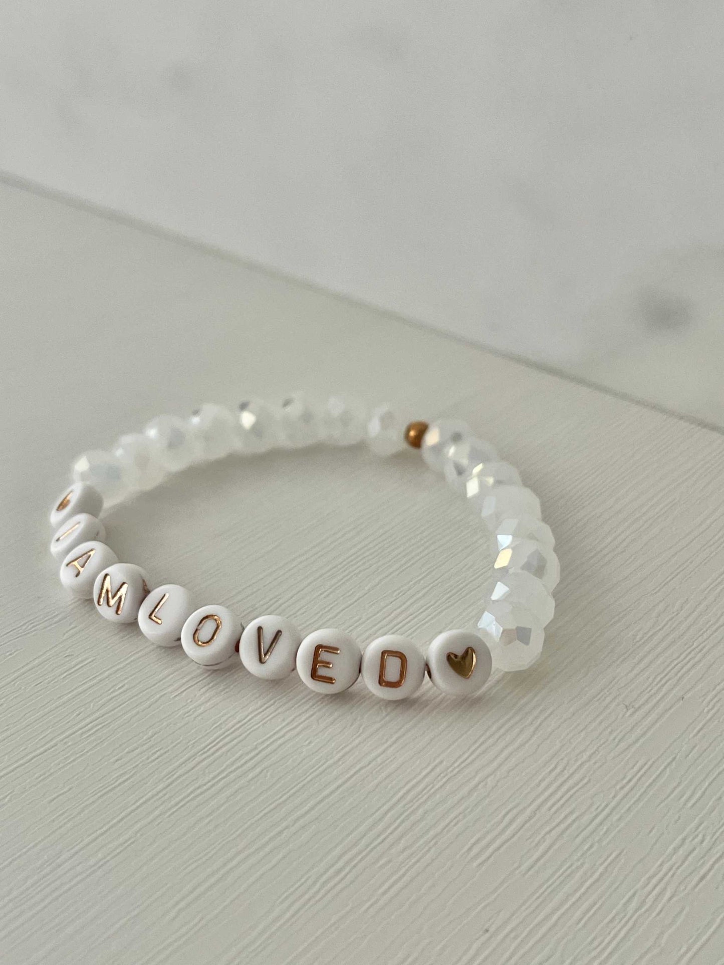 Pink Opal and White Bead I Am Loved Bracelet Christian Jewelry