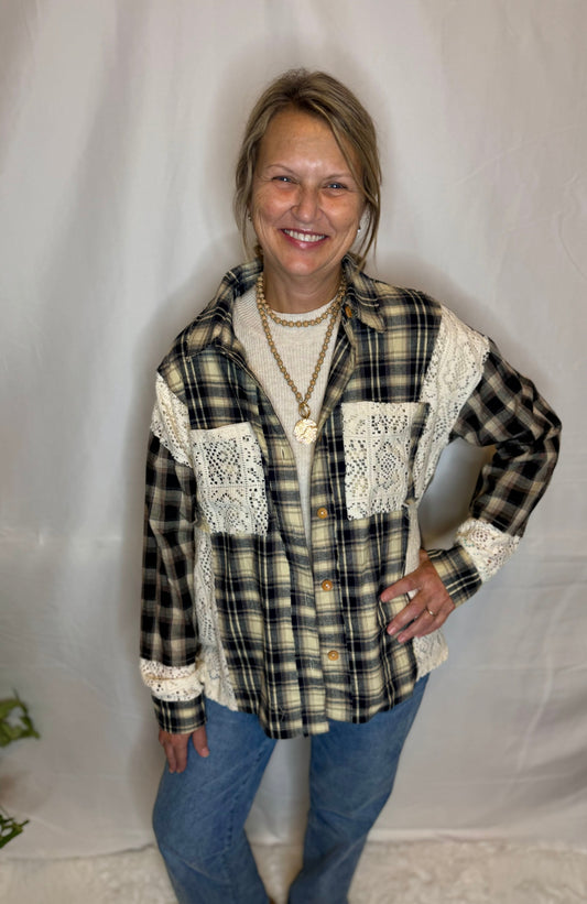 Lace Contrast Navy Multi Flannel Top Sweet Jude Boutique