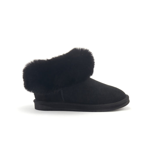 Ultra Short Black Faux Fur Cuff Suede Slippers FOXY by Australia Luxe Collective