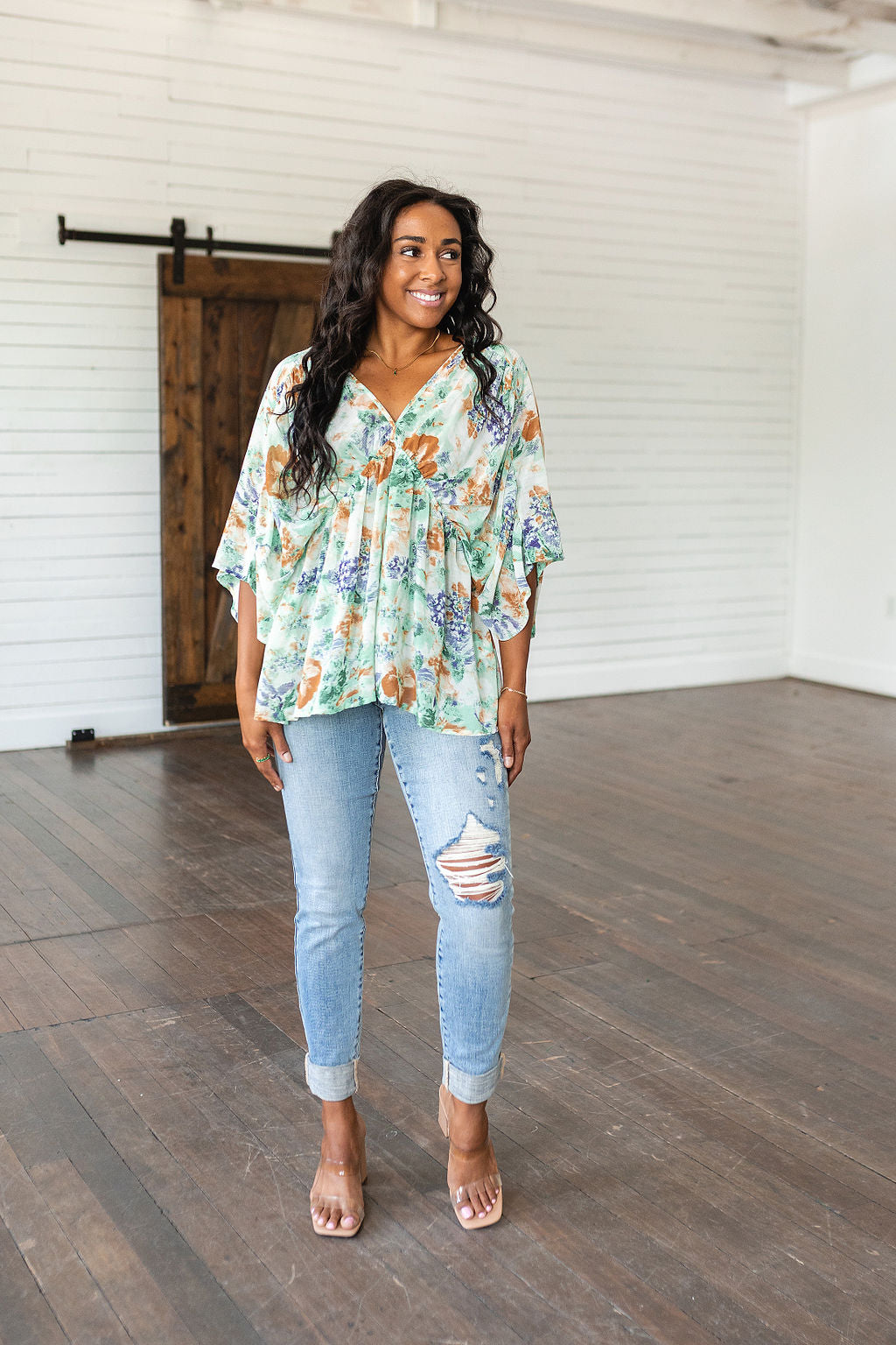 Floral Draped Peplum Top Ivory Fabled in Floral
