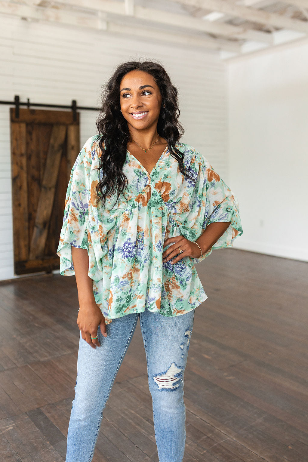Floral Draped Peplum Top Ivory Fabled in Floral