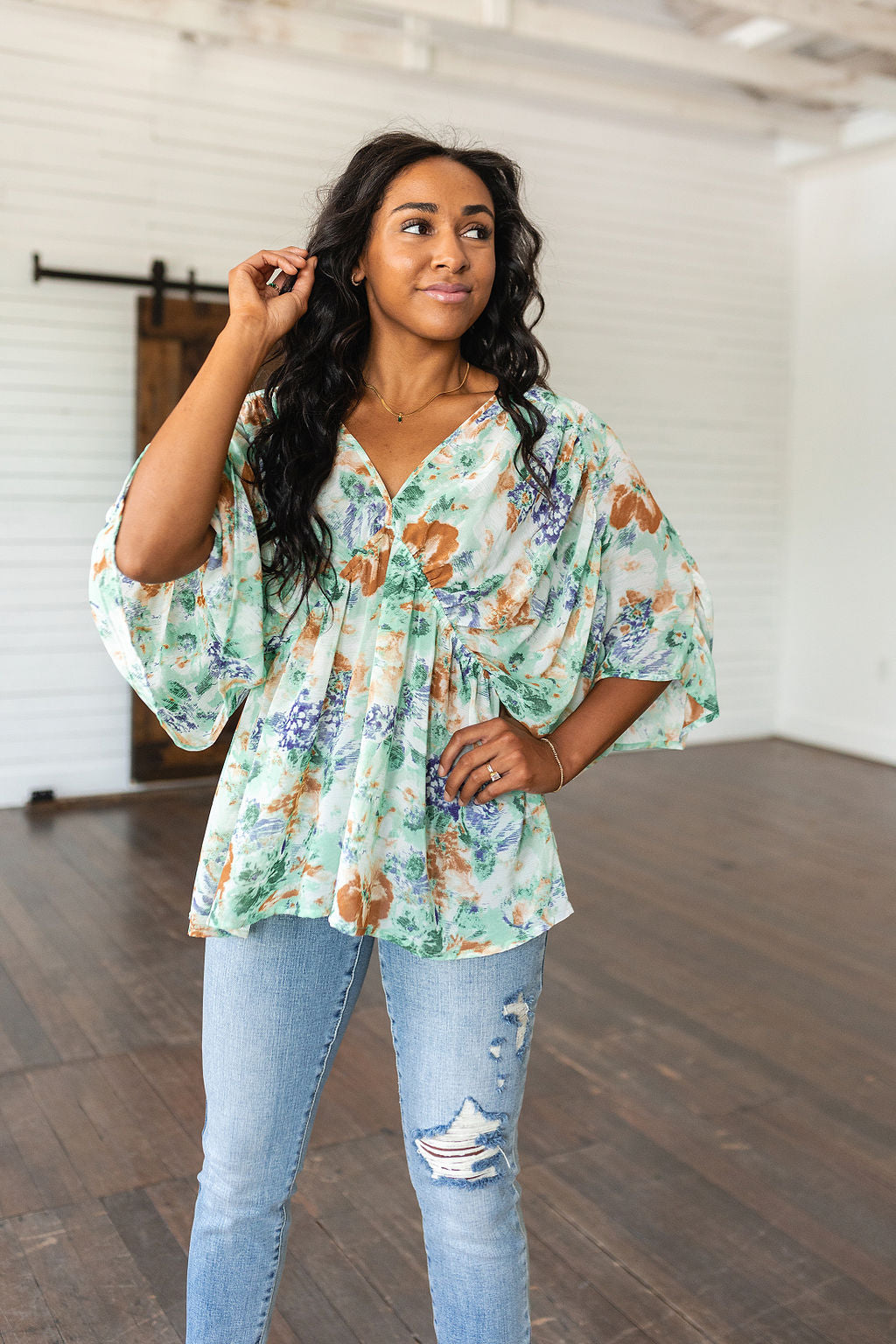 Floral Draped Peplum Top Ivory Fabled in Floral