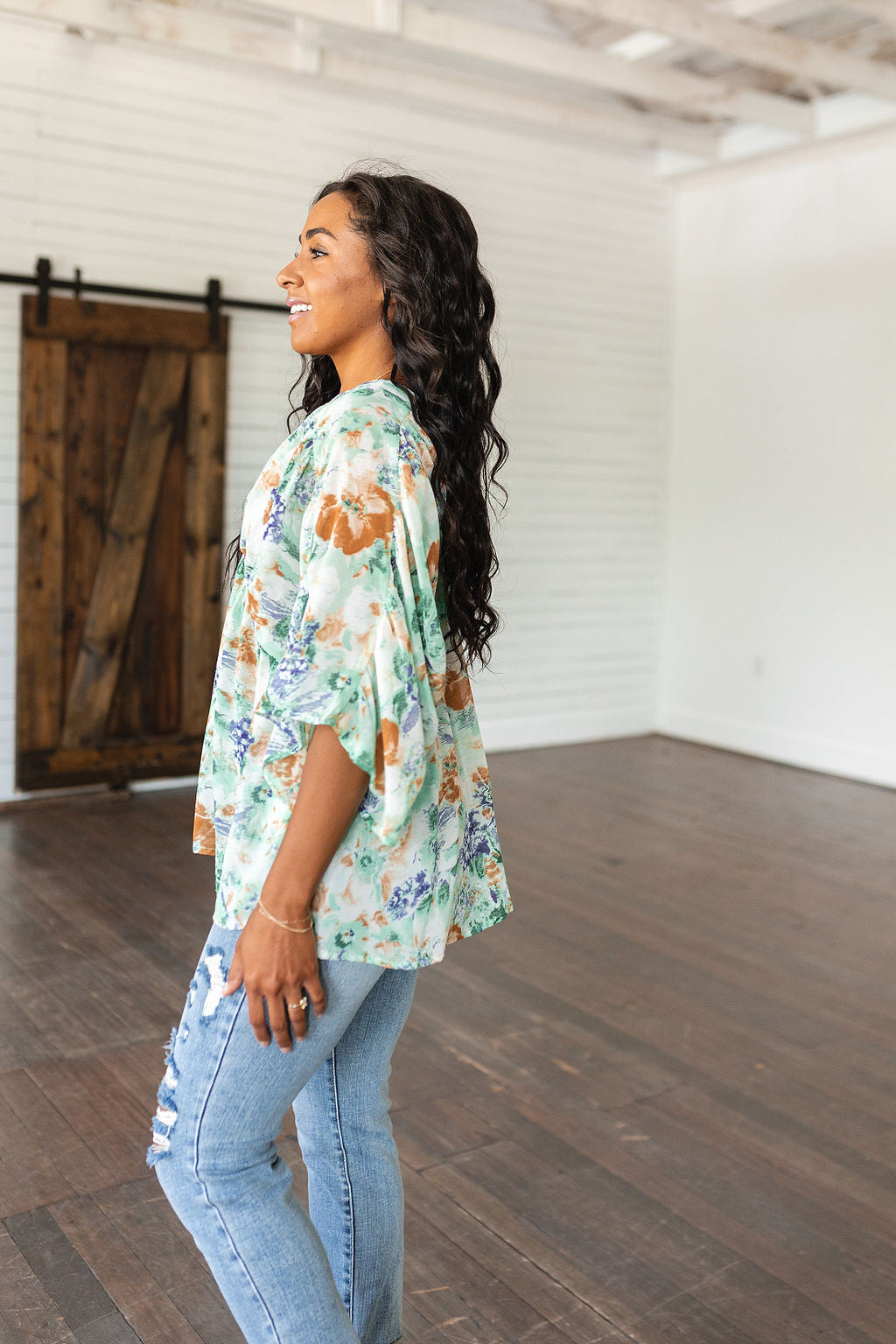 Floral Draped Peplum Top Ivory Fabled in Floral
