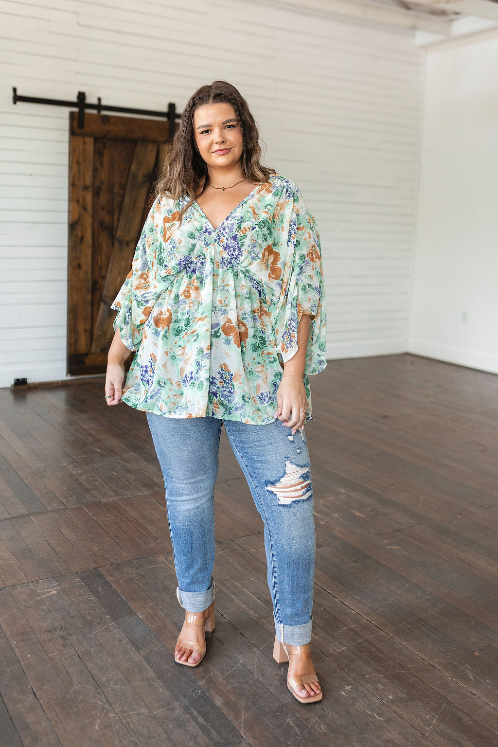 Floral Draped Peplum Top Ivory Fabled in Floral