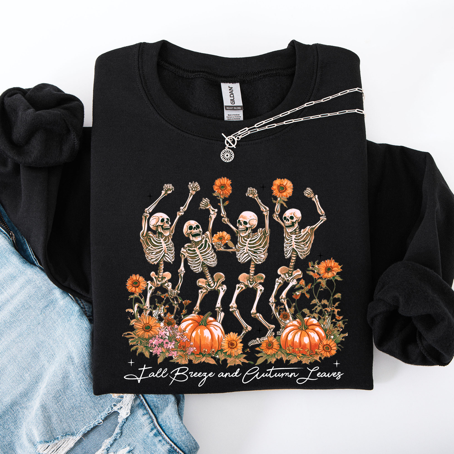 Fall Breeze and Autumn Leaves Skeletons Halloween Sweatshirt