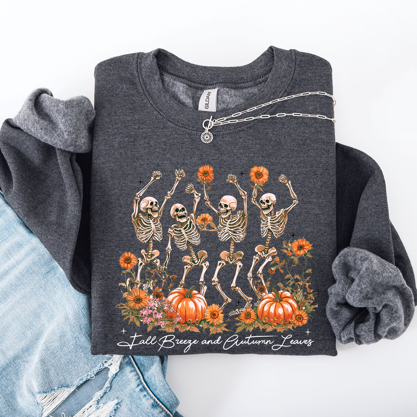 Fall Breeze and Autumn Leaves Skeletons Halloween Sweatshirt