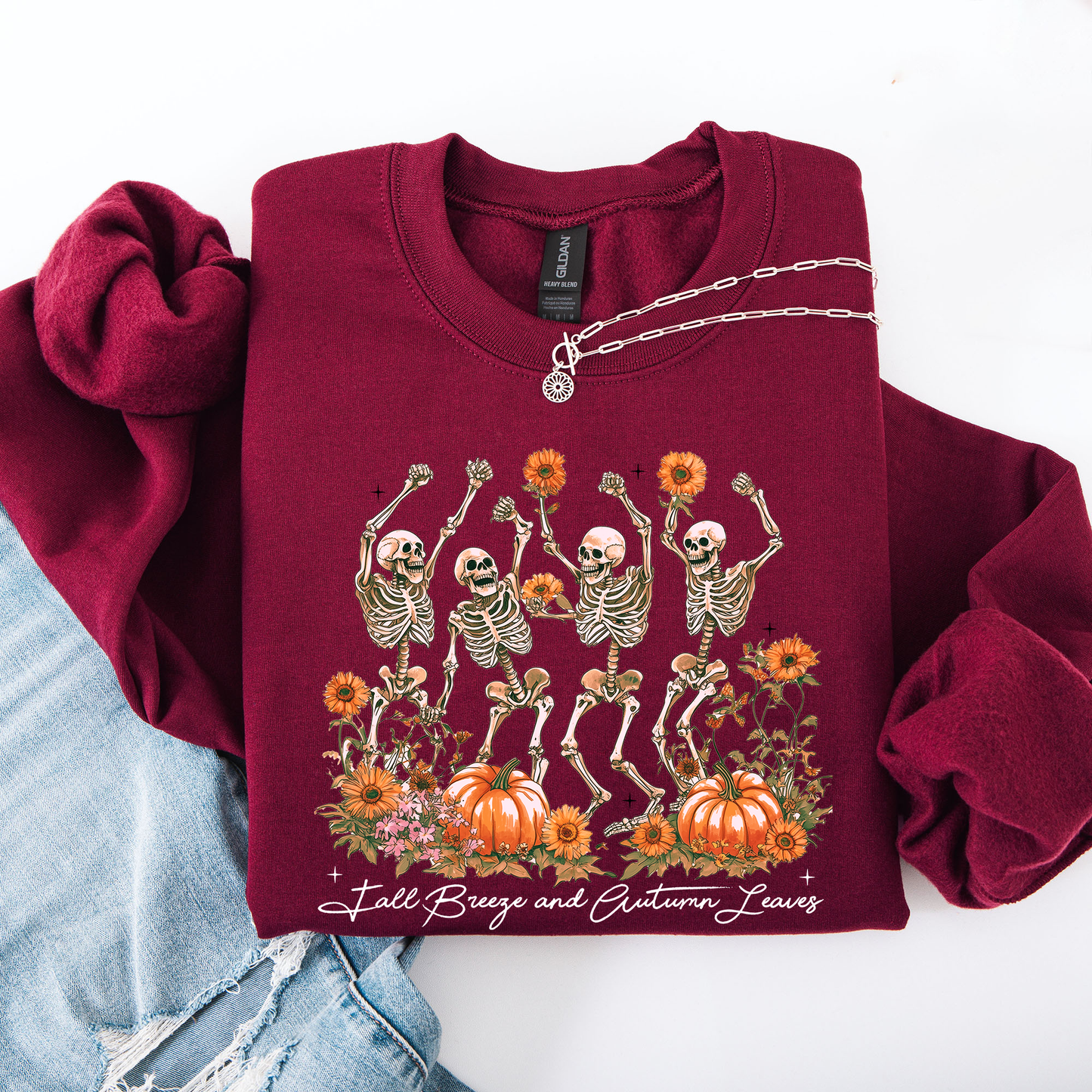 Fall Breeze and Autumn Leaves Skeletons Halloween Sweatshirt