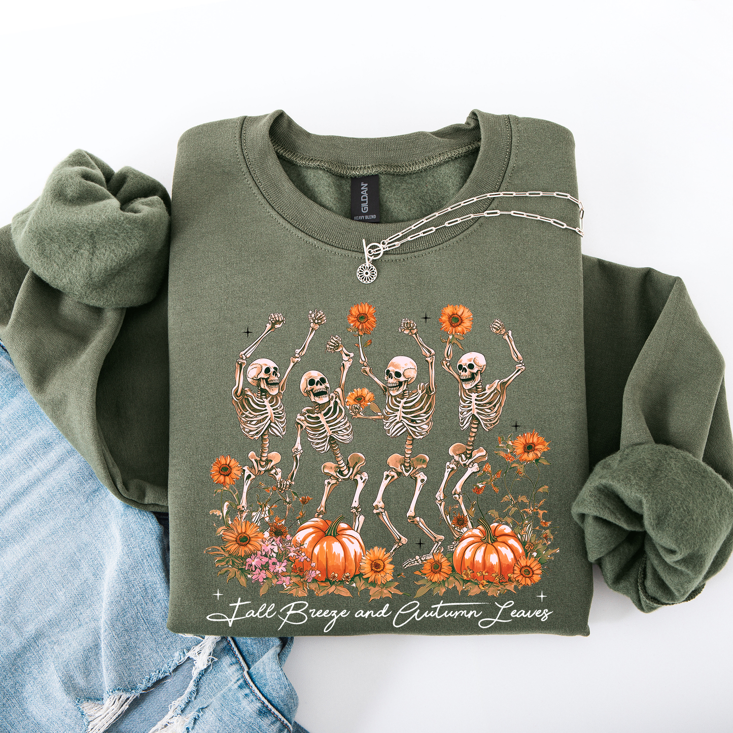 Fall Breeze and Autumn Leaves Skeletons Halloween Sweatshirt