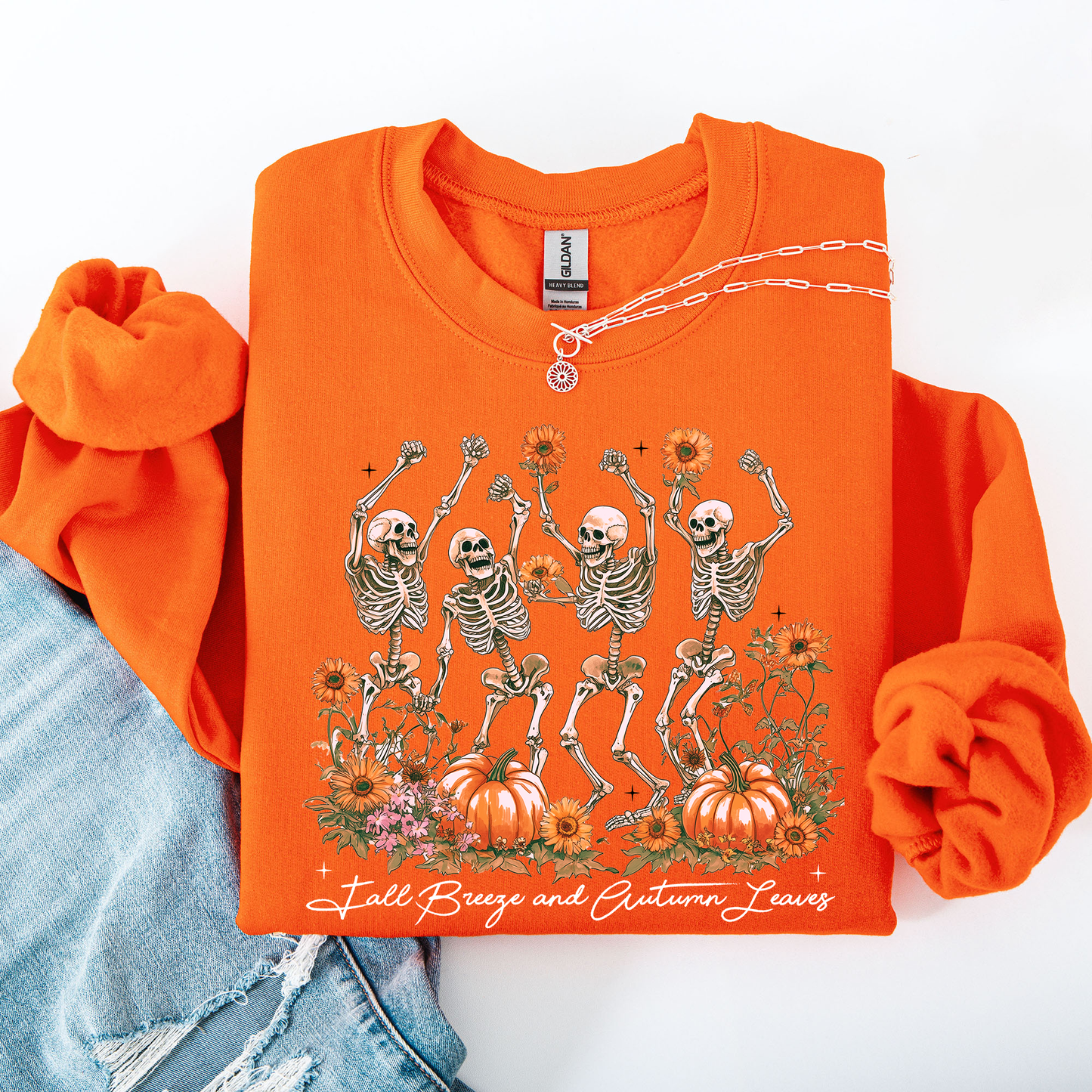 Fall Breeze and Autumn Leaves Skeletons Halloween Sweatshirt