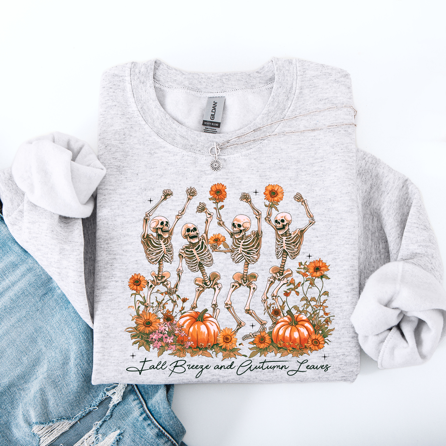 Fall Breeze and Autumn Leaves Skeletons Halloween Sweatshirt