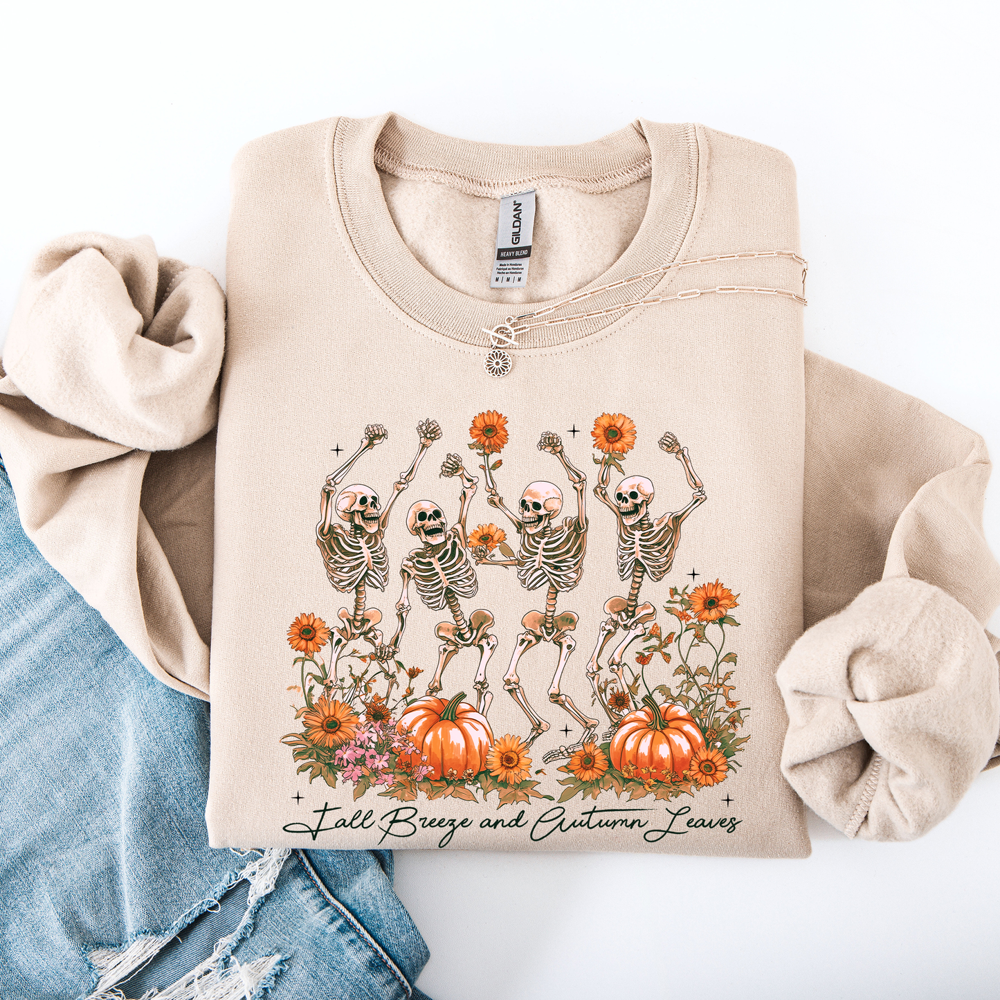 Fall Breeze and Autumn Leaves Skeletons Halloween Sweatshirt