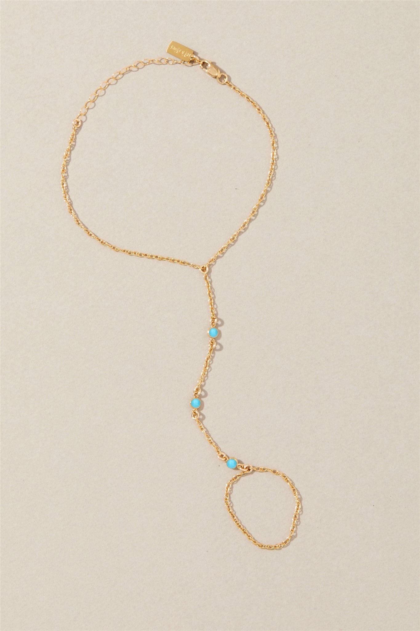 14k Gold Hand Chain with Cubic Zirconia and Turquoise Connectors