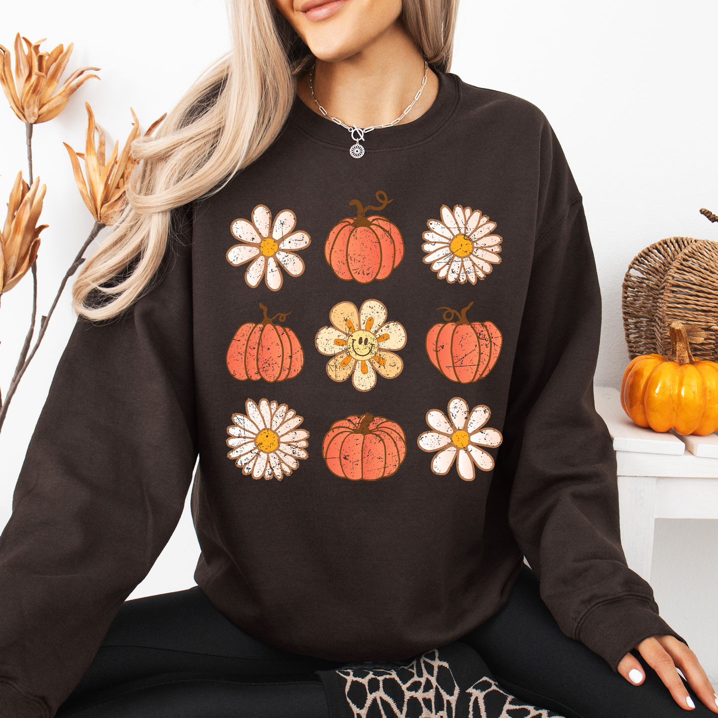 Flowers and Pumpkins Minimalist Autumn Fall Halloween Sweatshirt Refinery Number One