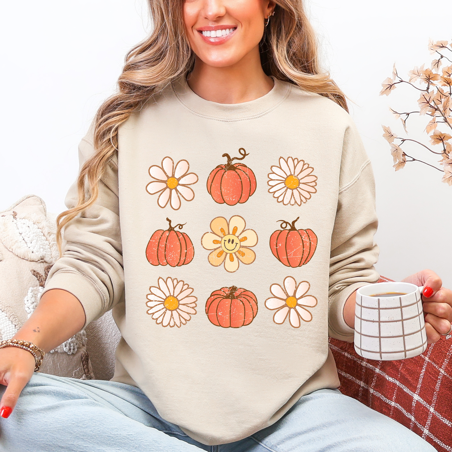 Flowers and Pumpkins Minimalist Autumn Fall Halloween Sweatshirt Refinery Number One