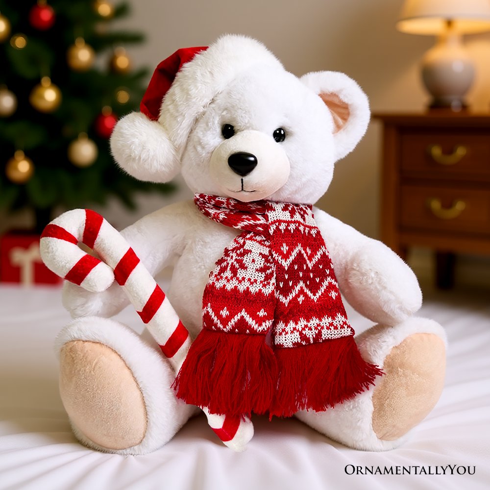 Snowy Polar Bear Plushie 12' Christmas Stuffed Toy with Santa Hat and Candy Cane