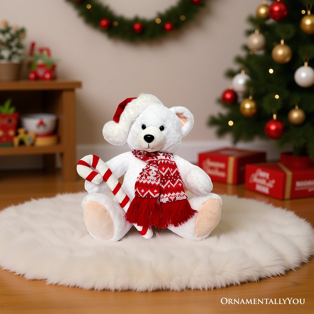 Snowy Polar Bear Plushie 12' Christmas Stuffed Toy with Santa Hat and Candy Cane