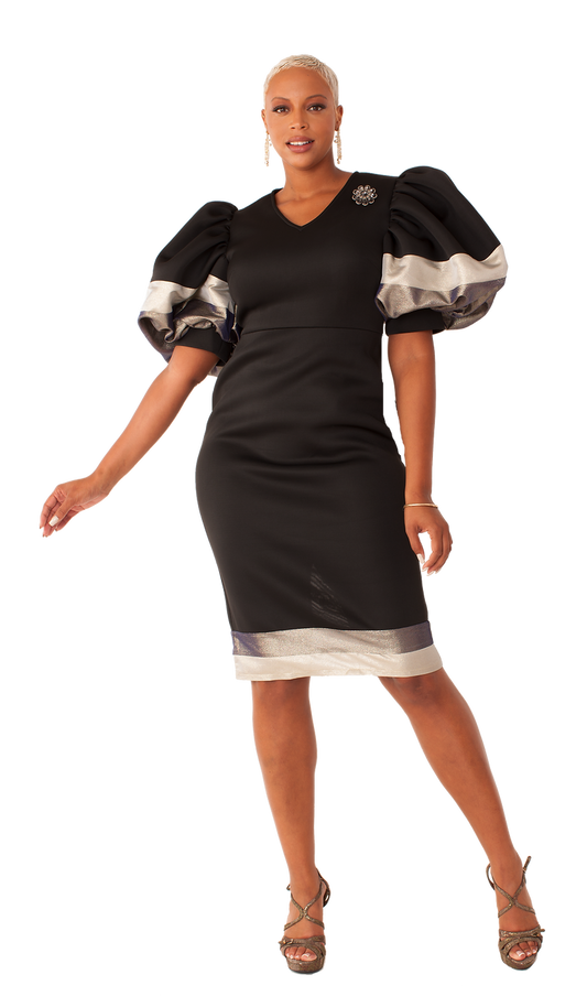 Women Puff Sleeve Black Dress Elegant 1-Piece For Her NY