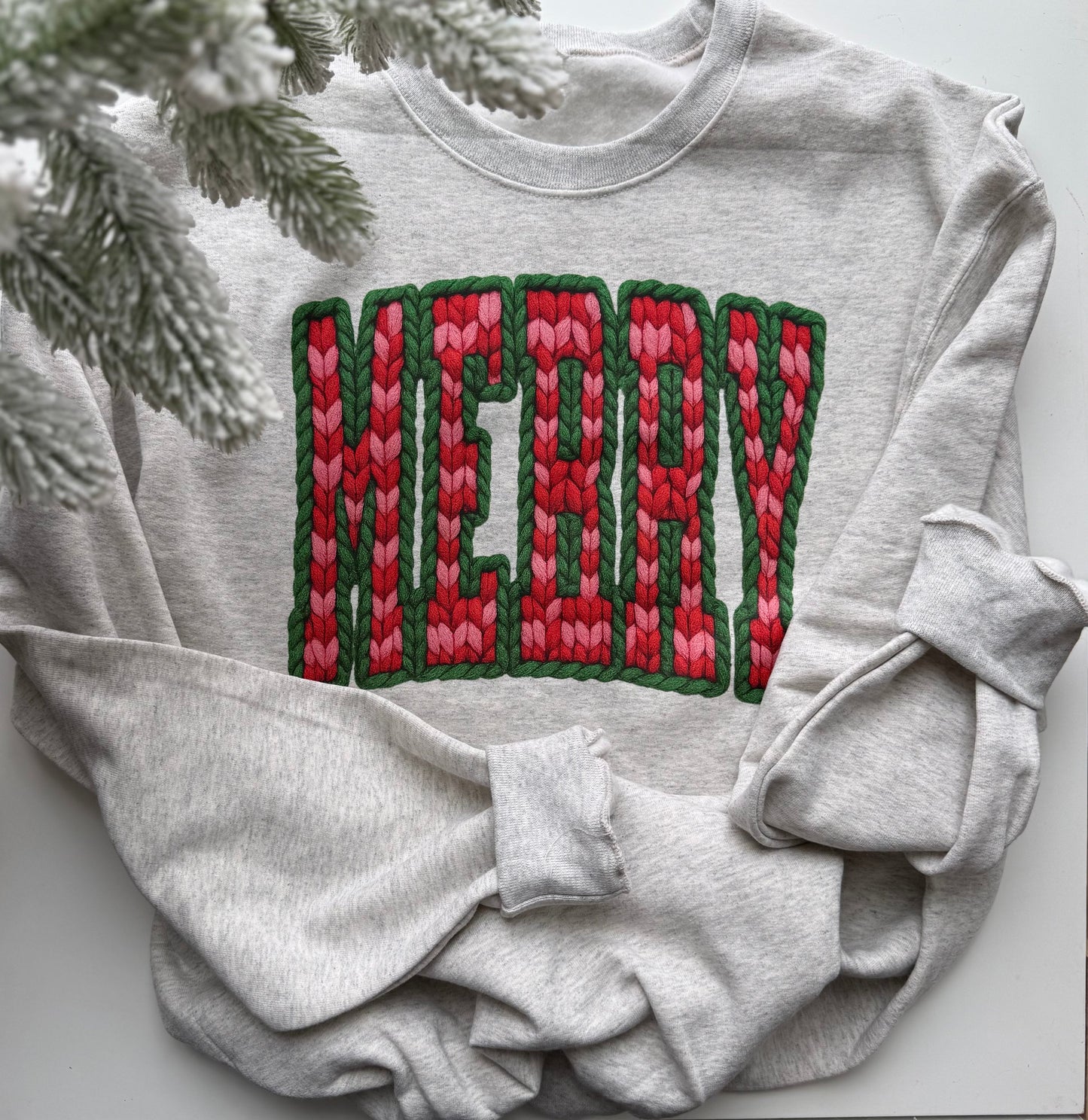 MERRY Christmas Red & Green Chunky Knit Crewneck Holiday Sweatshirt