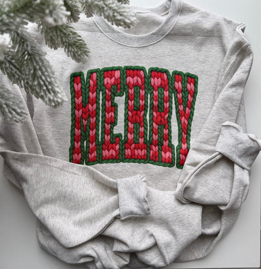 MERRY Christmas Red & Green Chunky Knit Crewneck Holiday Sweatshirt