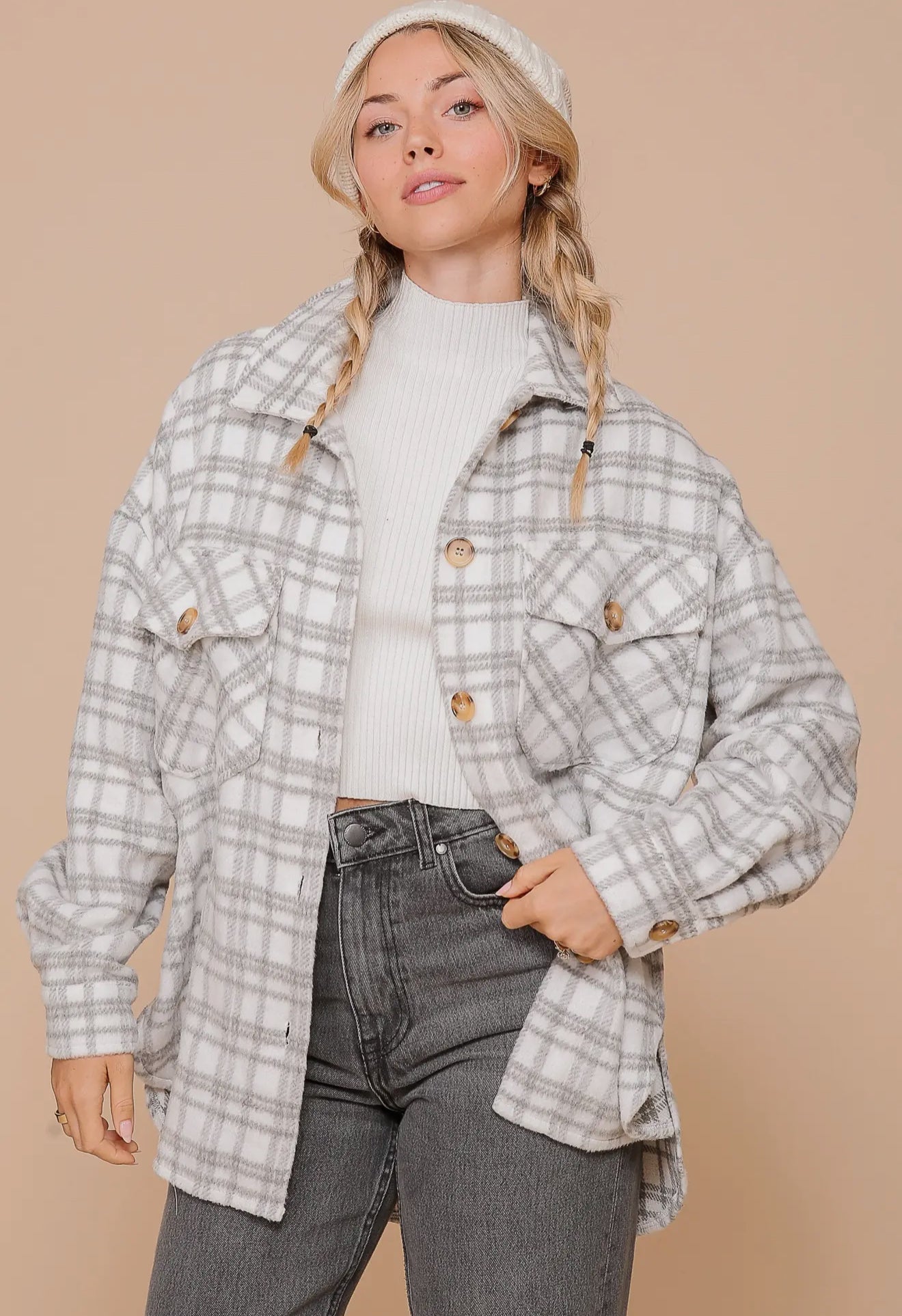 Plaid Print Fleece Hi-Low Hem Long Sleeve Shacket