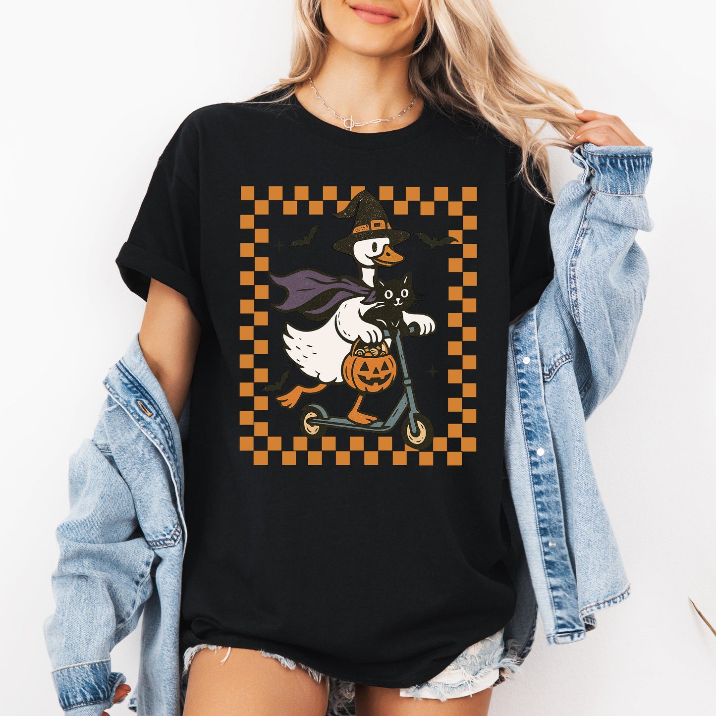 Funny Halloween Checkered Tshirt with Goose Black Cat Witch