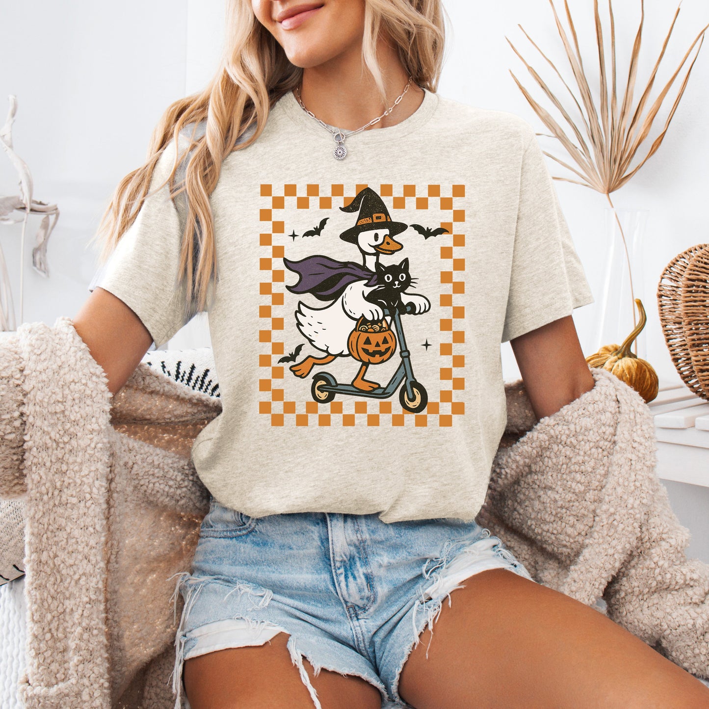 Funny Halloween Checkered Tshirt with Goose Black Cat Witch
