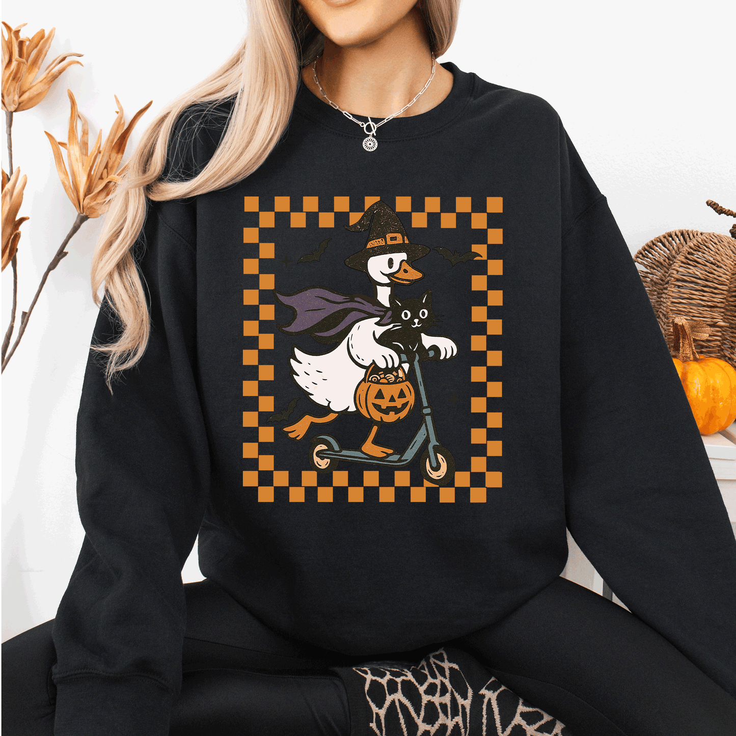 Funny Halloween Goose Black Cat Witch Checkered Sweatshirt Refinery Number One