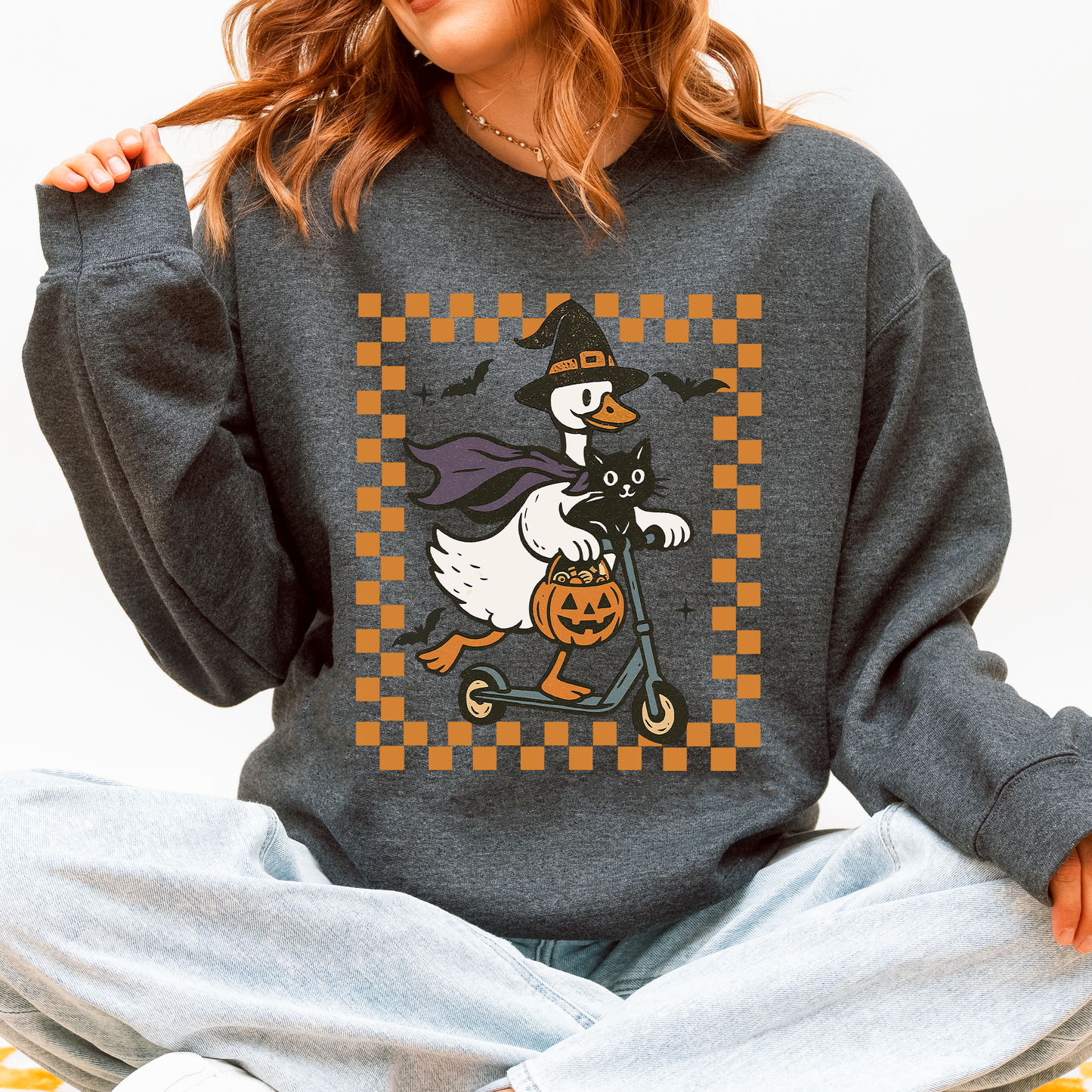 Funny Halloween Goose Black Cat Witch Checkered Sweatshirt Refinery Number One