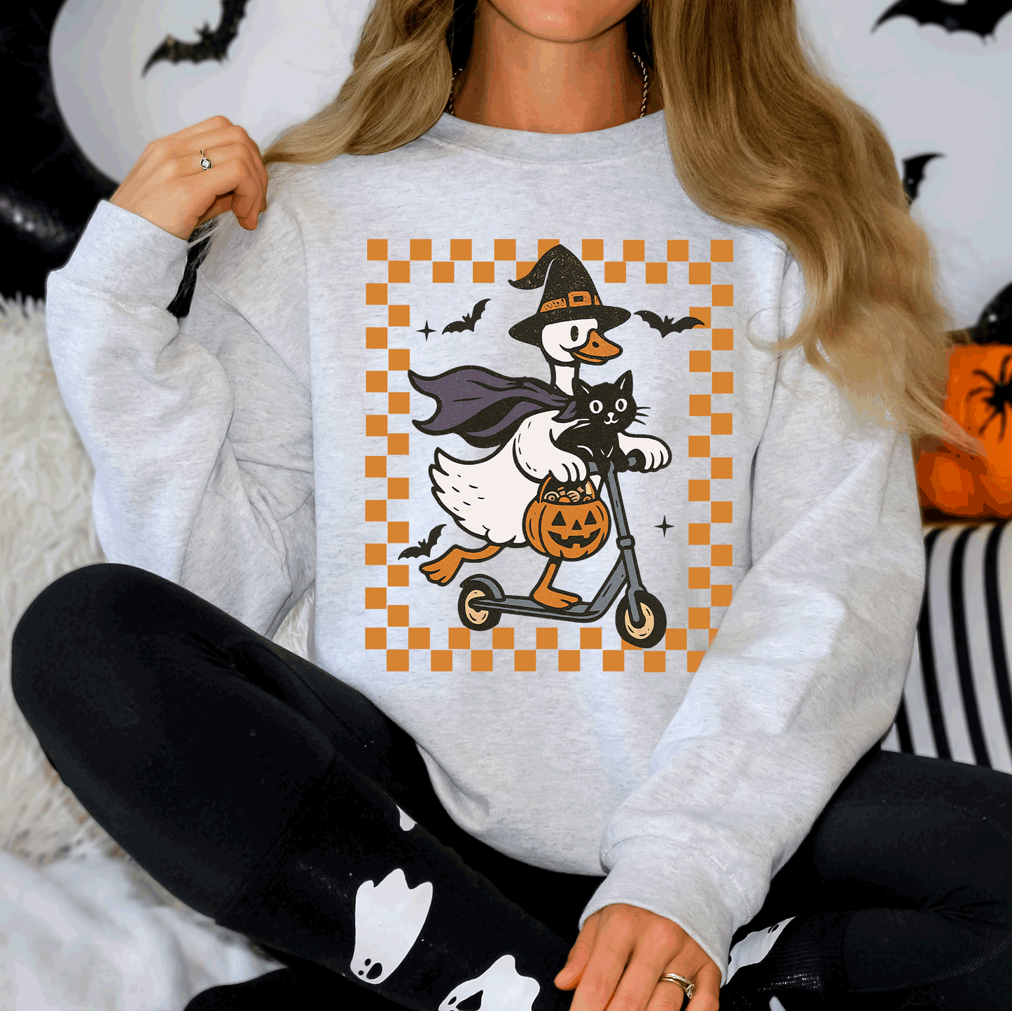 Funny Halloween Goose Black Cat Witch Checkered Sweatshirt Refinery Number One