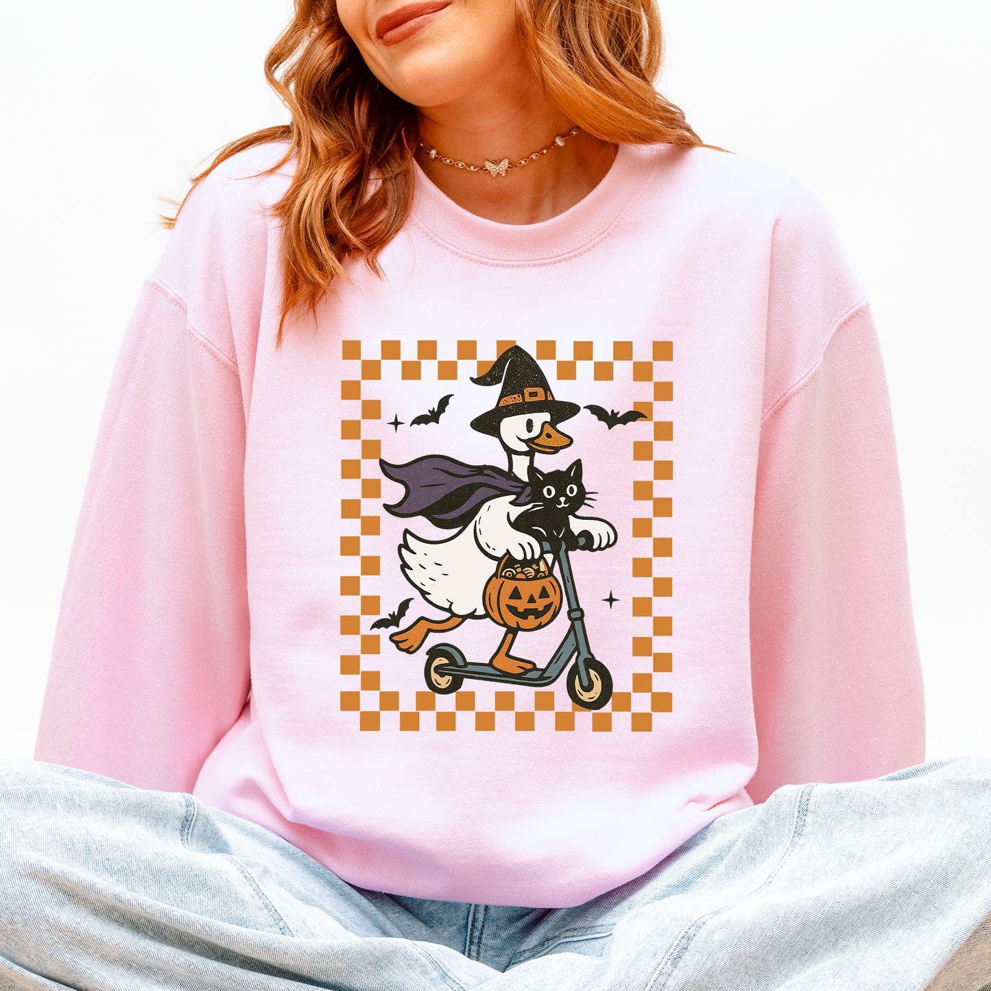 Funny Halloween Goose Black Cat Witch Checkered Sweatshirt Refinery Number One