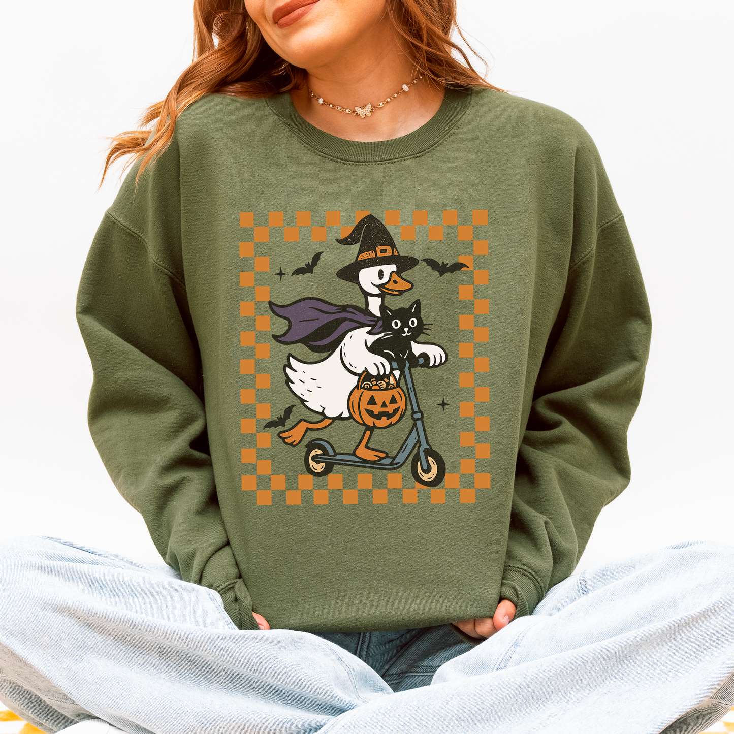 Funny Halloween Goose Black Cat Witch Checkered Sweatshirt Refinery Number One