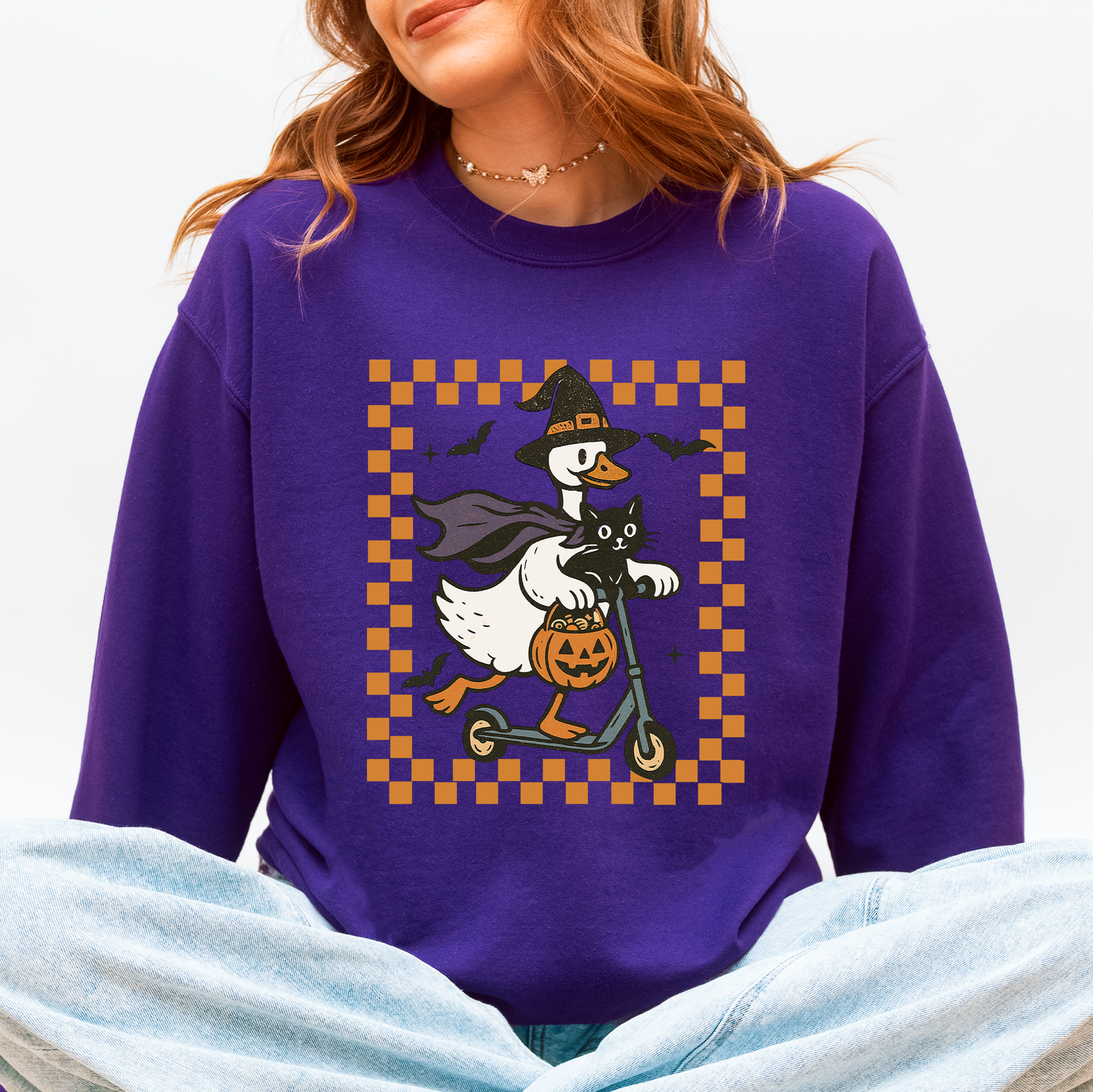 Funny Halloween Goose Black Cat Witch Checkered Sweatshirt Refinery Number One