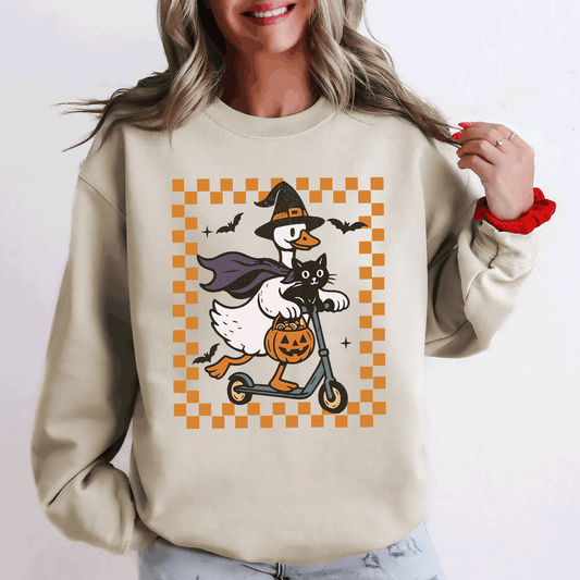 Funny Halloween Goose Black Cat Witch Checkered Sweatshirt Refinery Number One