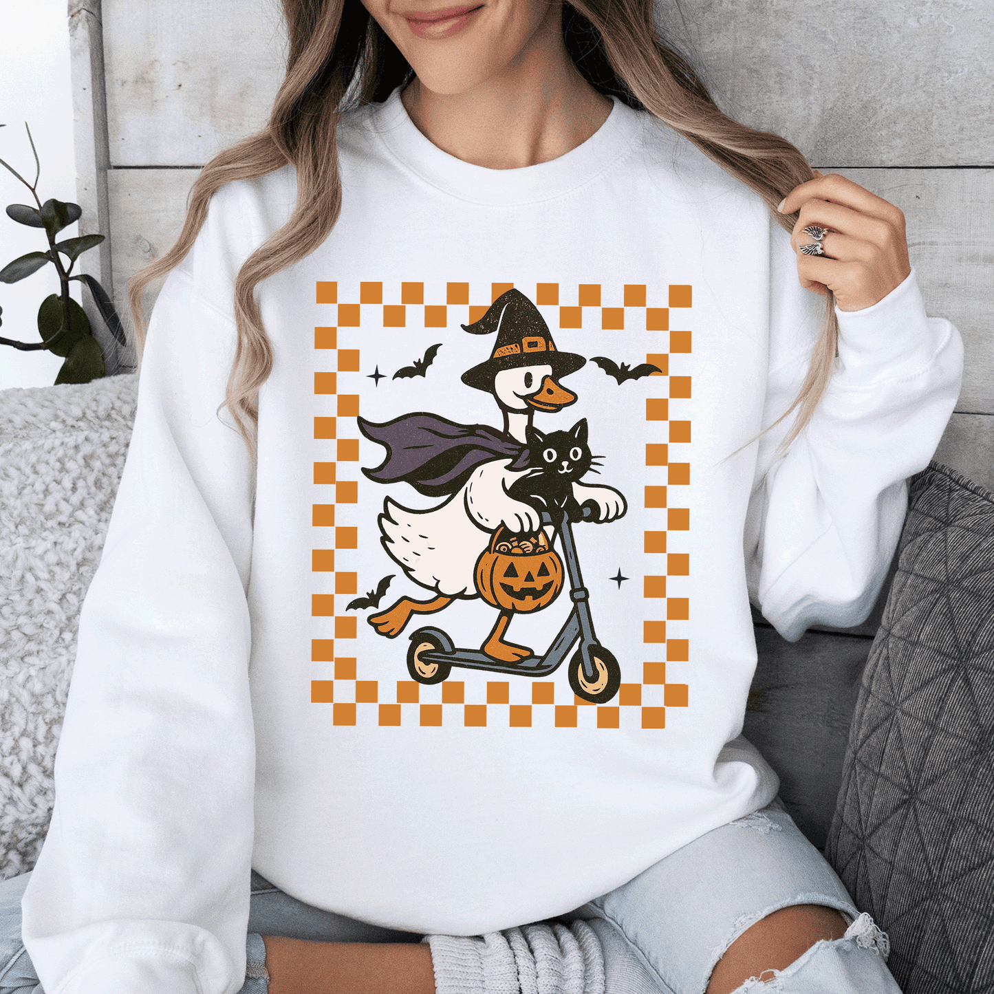 Funny Halloween Goose Black Cat Witch Checkered Sweatshirt Refinery Number One