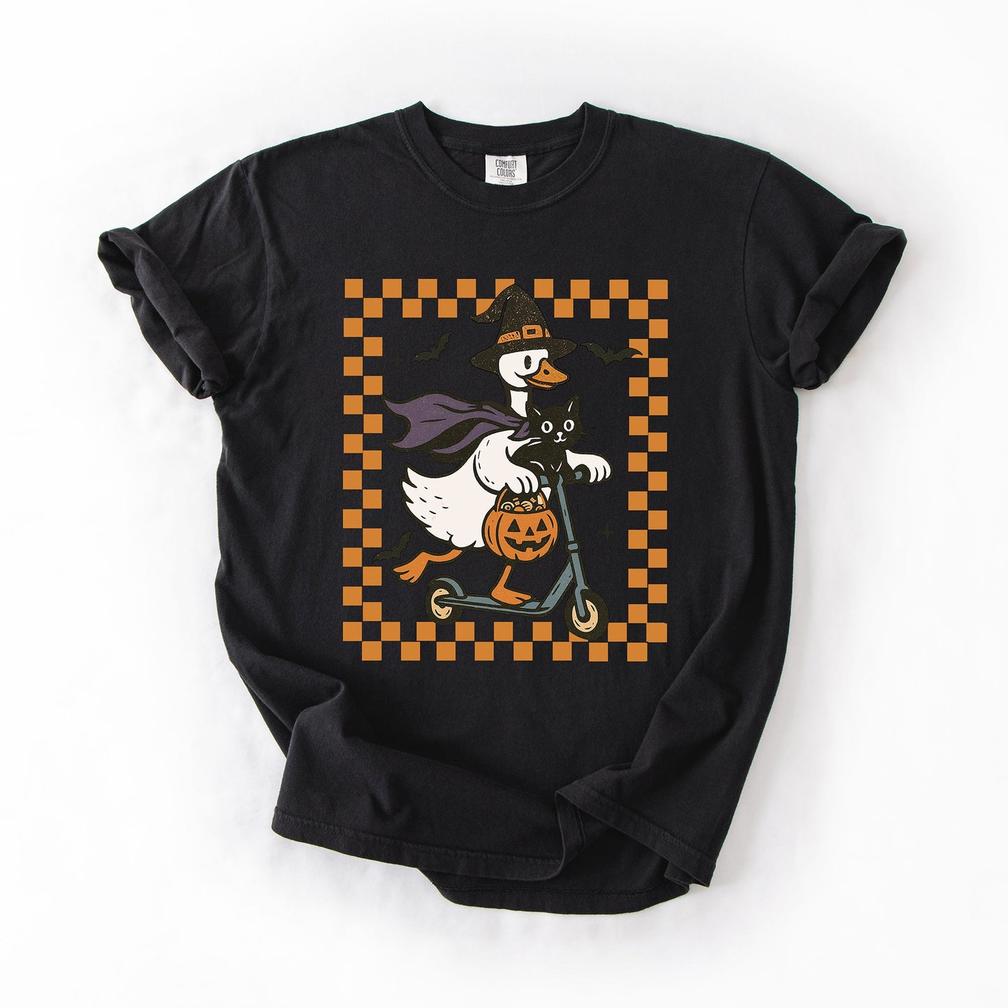 Funny Halloween Goose Black Cat Witch Checkered Comfort Colors T-Shirt Refinery Number One