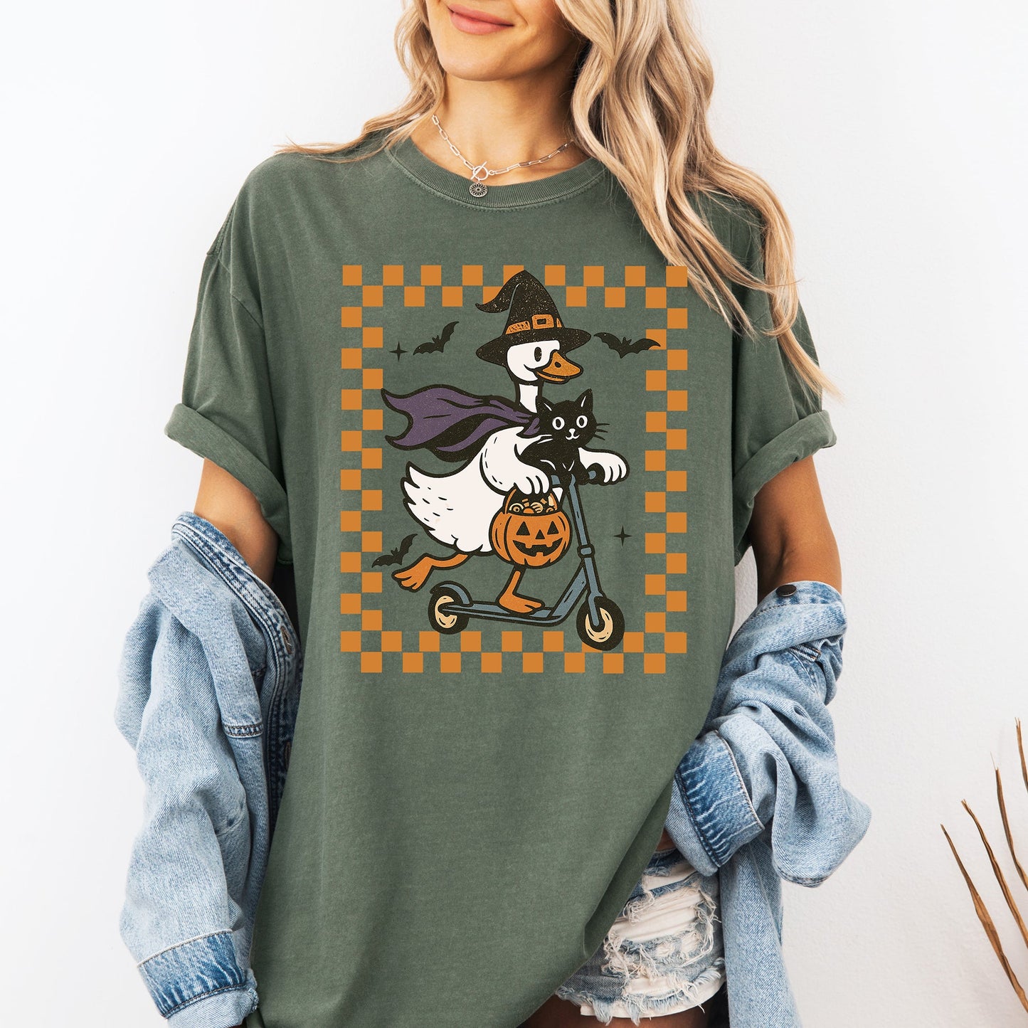 Funny Halloween Goose Black Cat Witch Checkered Comfort Colors T-Shirt Refinery Number One