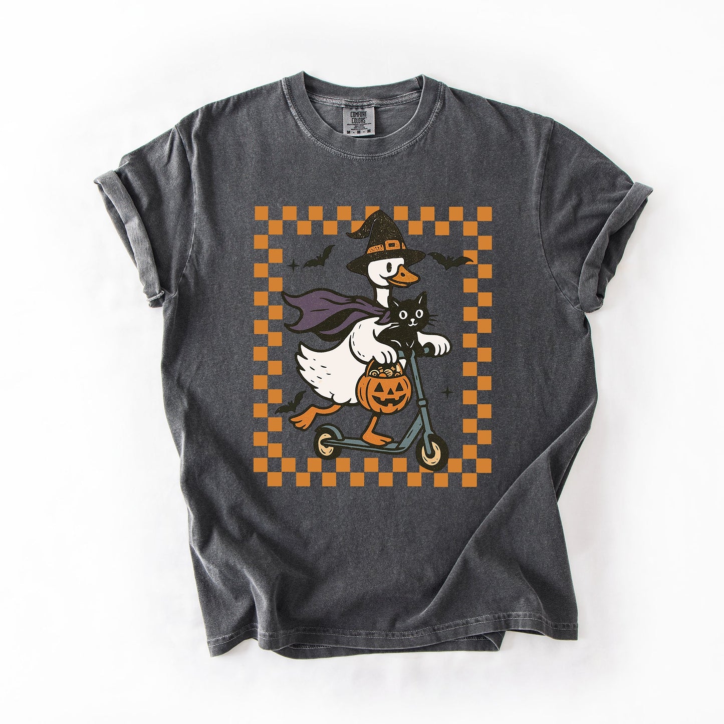 Funny Halloween Goose Black Cat Witch Checkered Comfort Colors T-Shirt Refinery Number One