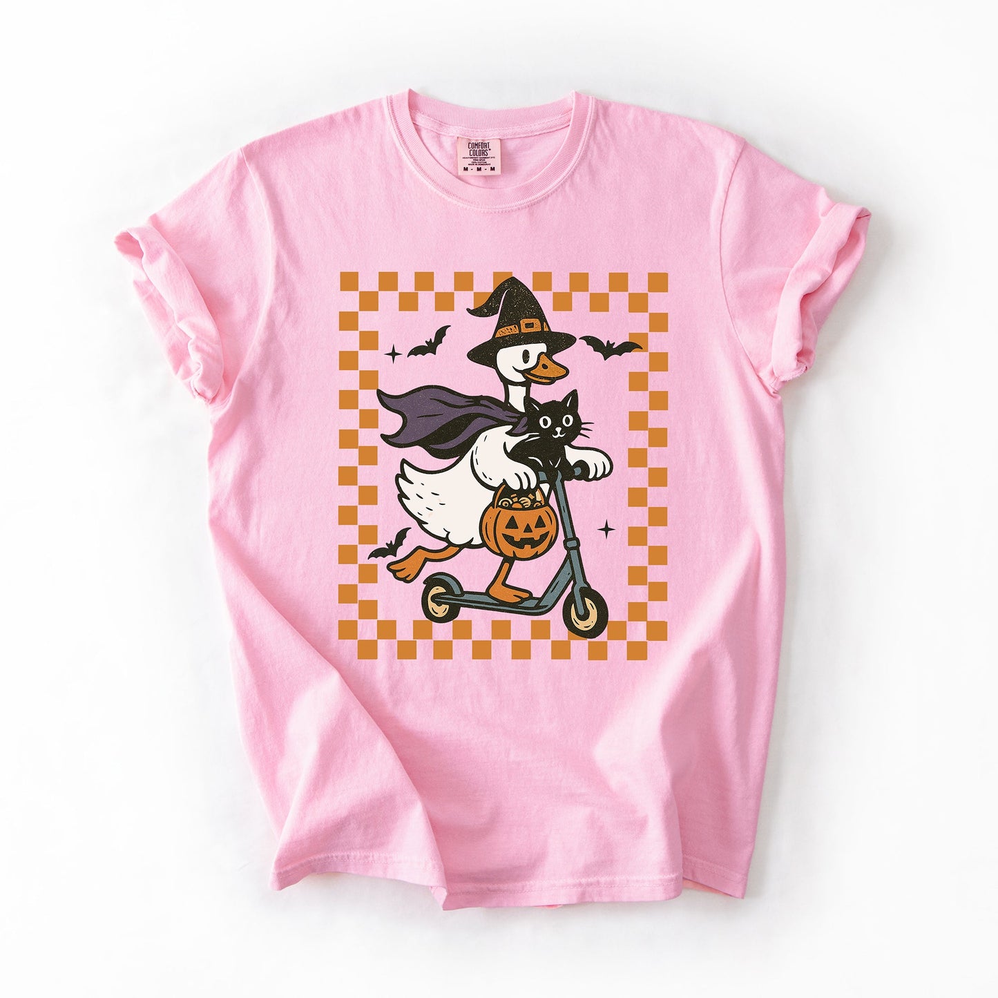 Funny Halloween Goose Black Cat Witch Checkered Comfort Colors T-Shirt Refinery Number One